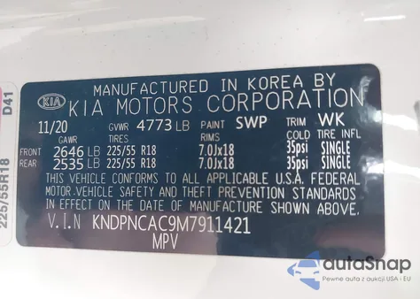 2021 Kia Sportage Ex из США, поврежденный, VIN KNDPNCAC9M7911421